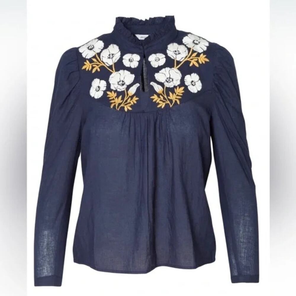 St. Roche Navy Blue Embroidered Floral Poppy Long Sleeve Blouse Top Small